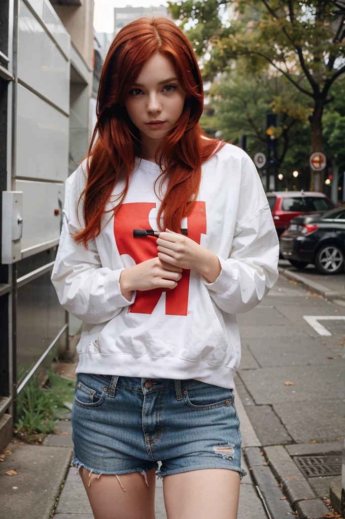 Beautiful Girl White Skin Red Hair Dressed in Urban Clothing