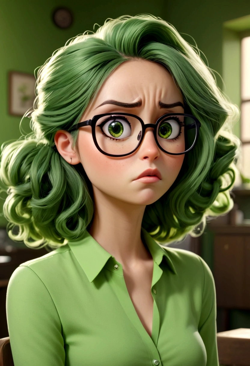 bored woman, glasses, hair green