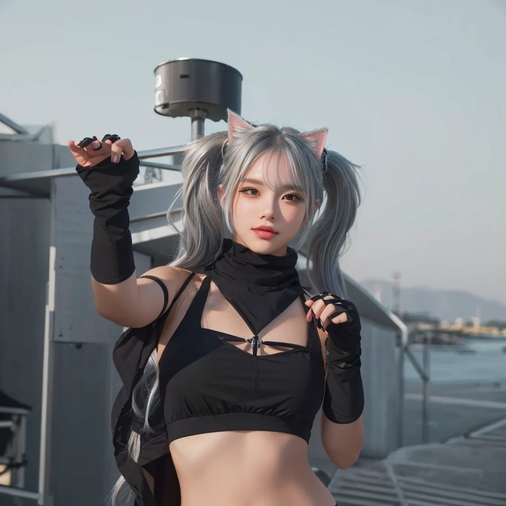 Cute girl and beauty, using black bikini dress, cat pose, silver hair in two pigtails