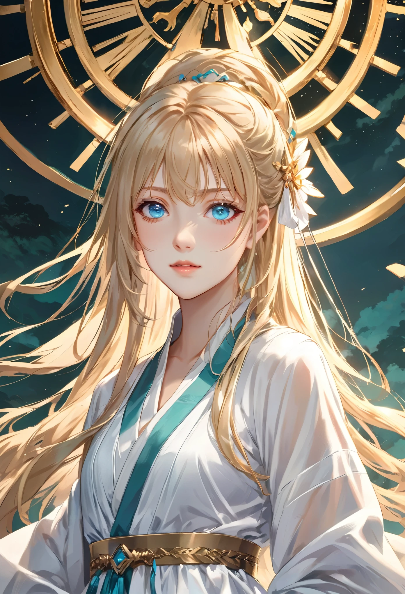 ((Highest quality)), ((masterpiece)), (detailed), ((Perfect Face)), One Girl,Anime girl with long blonde hair and dark turquoise eyes in a white dress, Trending on cgstation, artwork in the style of Gwaiz, Gwaiz, Smooth anime CG art, detailedなデジタルアニメアート, Anime Goddess, Fantasy art style, palace , Girl in Hanfu, Beautiful young wind spirit, Beautiful Anime Girls, ! Dream Art Germ, Beautiful anime portraits、look up、Looking up Has a law wheel、」Healing