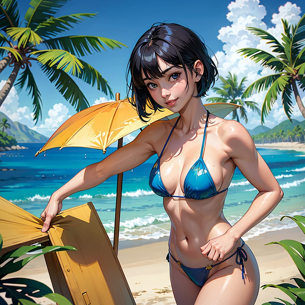 ((highest quality, masterpiece, High resolution)), ((reality)),Photos of beautiful Japanese women,((anime art))、 (((1 girl))), normal size breasts, slim body shape, medium short hair, double eyelid, Wet see-through micro bikini, A pareo with bold ethnic patterns and plenty of primary colors、realistic skin、Wet,whole body,cinematic light、tropical、Against the background of palm trees on both sides、on a sunny beach、With the sea in the background、blur background、smile