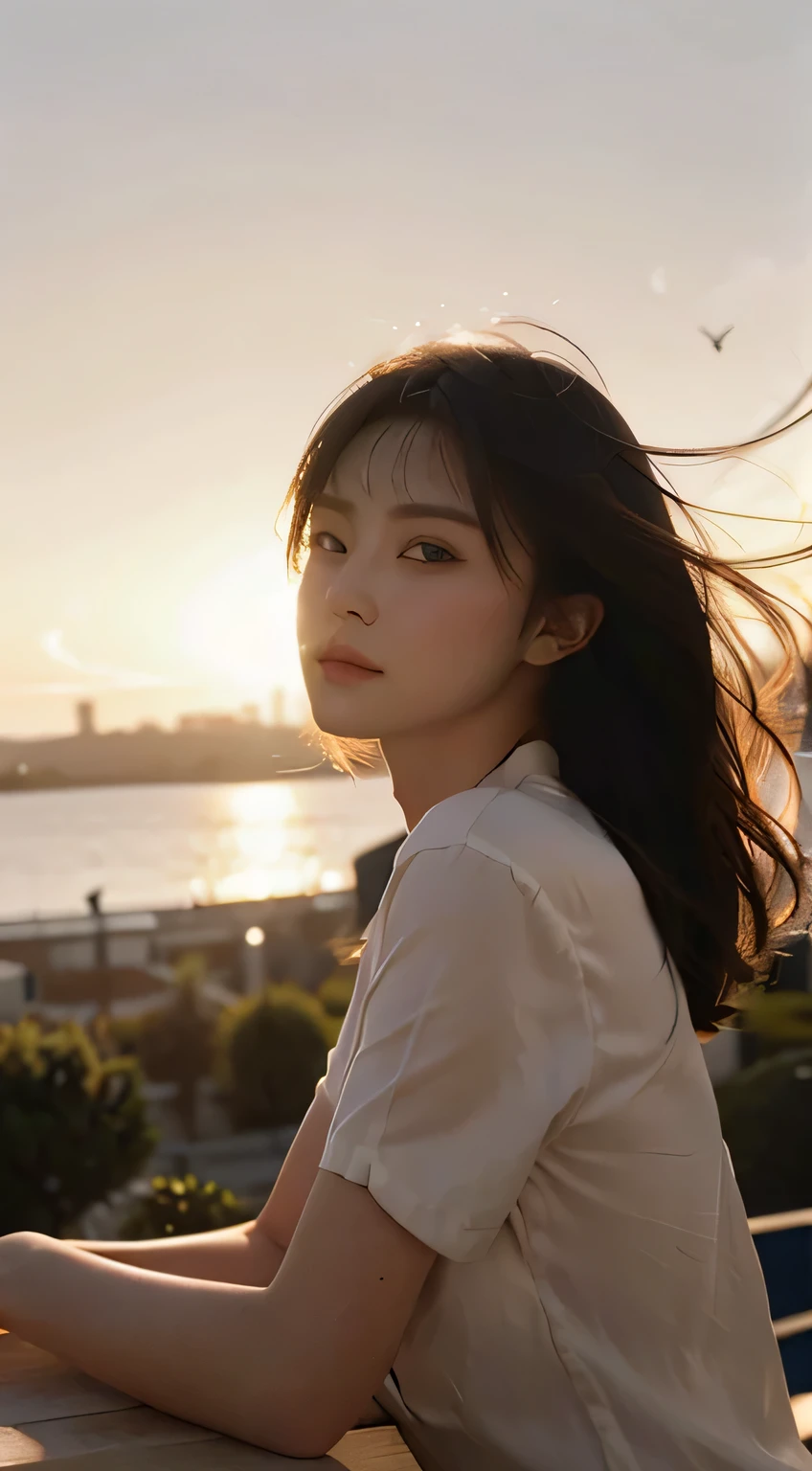 best quality,On the table,Ultra-high resolution,Realistic,original photo,Unity 8k Wallpaper, Panorama, movie lighting,
Large target, Sunset, Dappled sunlight, golden hour lights, Backlight, Blurred background, (lens flare), Wind, Soft colors, Soft Light,
1 girl in,floating shorthair cat, elegant, Upper Body,