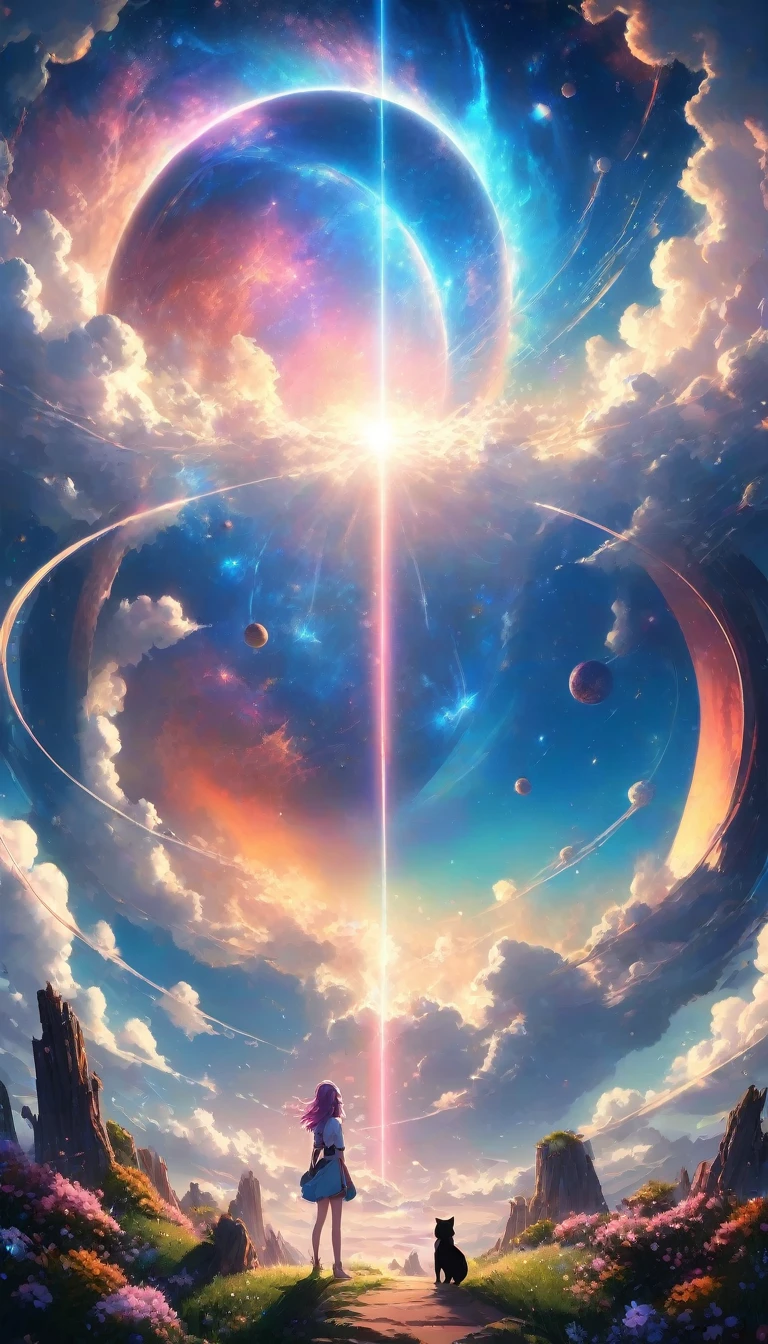 a woman standing in front of a giant blue and pink planet, epic anime artwork, Birth of the universe, anime fantasy illustrations, Infinite Celestial Library, Universe in the sky, celestial collision, anime fantasy illustration, infinite cosmos in the background, Detailed key anime art, UFOTABLE artistic style, official artwork, Beeple and Jeremiah Ketner, magic portal in the sky