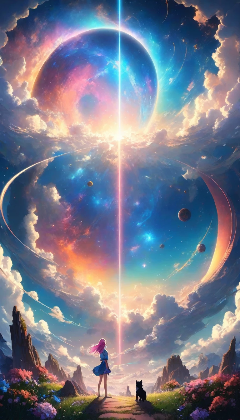 a woman standing in front of a giant blue and pink planet, epic anime artwork, Birth of the universe, anime fantasy illustrations, Infinite Celestial Library, Universe in the sky, celestial collision, anime fantasy illustration, infinite cosmos in the background, Detailed key anime art, UFOTABLE artistic style, official artwork, Beeple and Jeremiah Ketner, magic portal in the sky