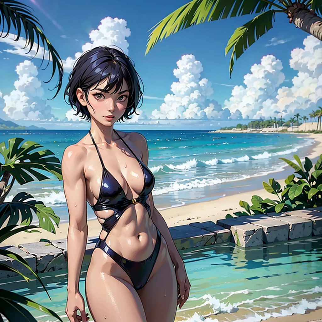 ((highest quality, masterpiece, High resolution)), ((reality)),Photos of beautiful Japanese women,((anime art))、 (((1 girl))), normal size breasts, slim body shape, medium short hair, double eyelid, Wet see-through one-piece swimsuit,, A pareo with bold ethnic patterns and plenty of primary colors、realistic skin、Wet,whole body,cinematic light、tropical、Against the background of palm trees on both sides、on a sunny beach、With the sea in the background、blur background、Clean abs,