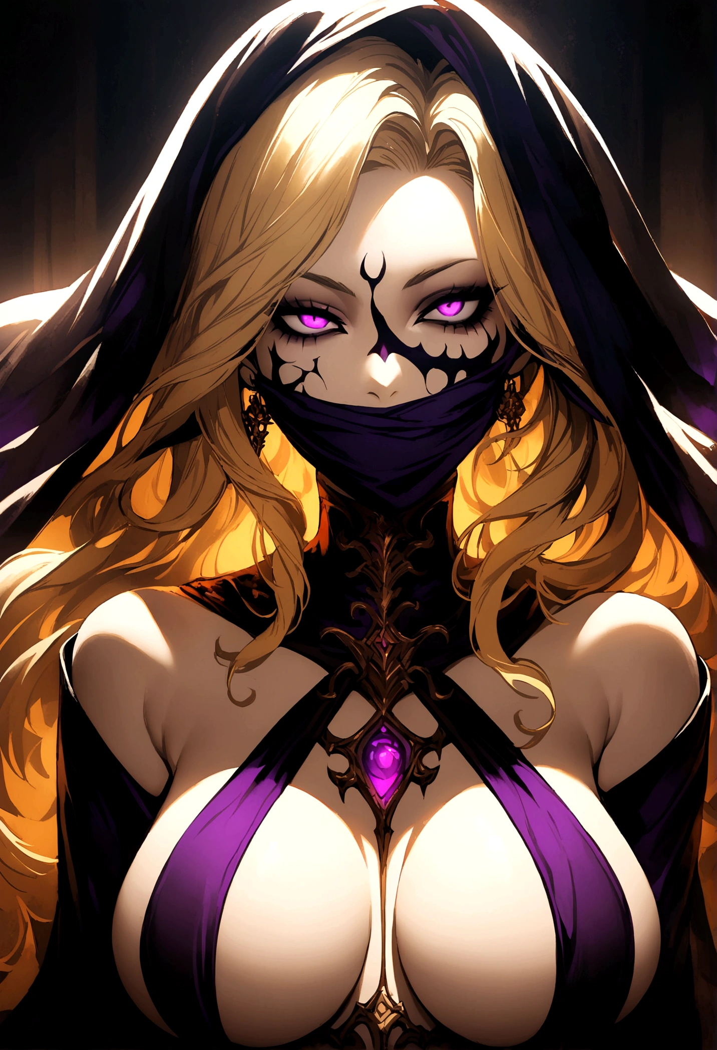 a woman cultist with a voluptuous body wearing revealing clothes, veil covering mouth, detailed facial features, dramatic lighting, dark fantasy art, rich colors, long blonde hair, evil smile, seductive smile