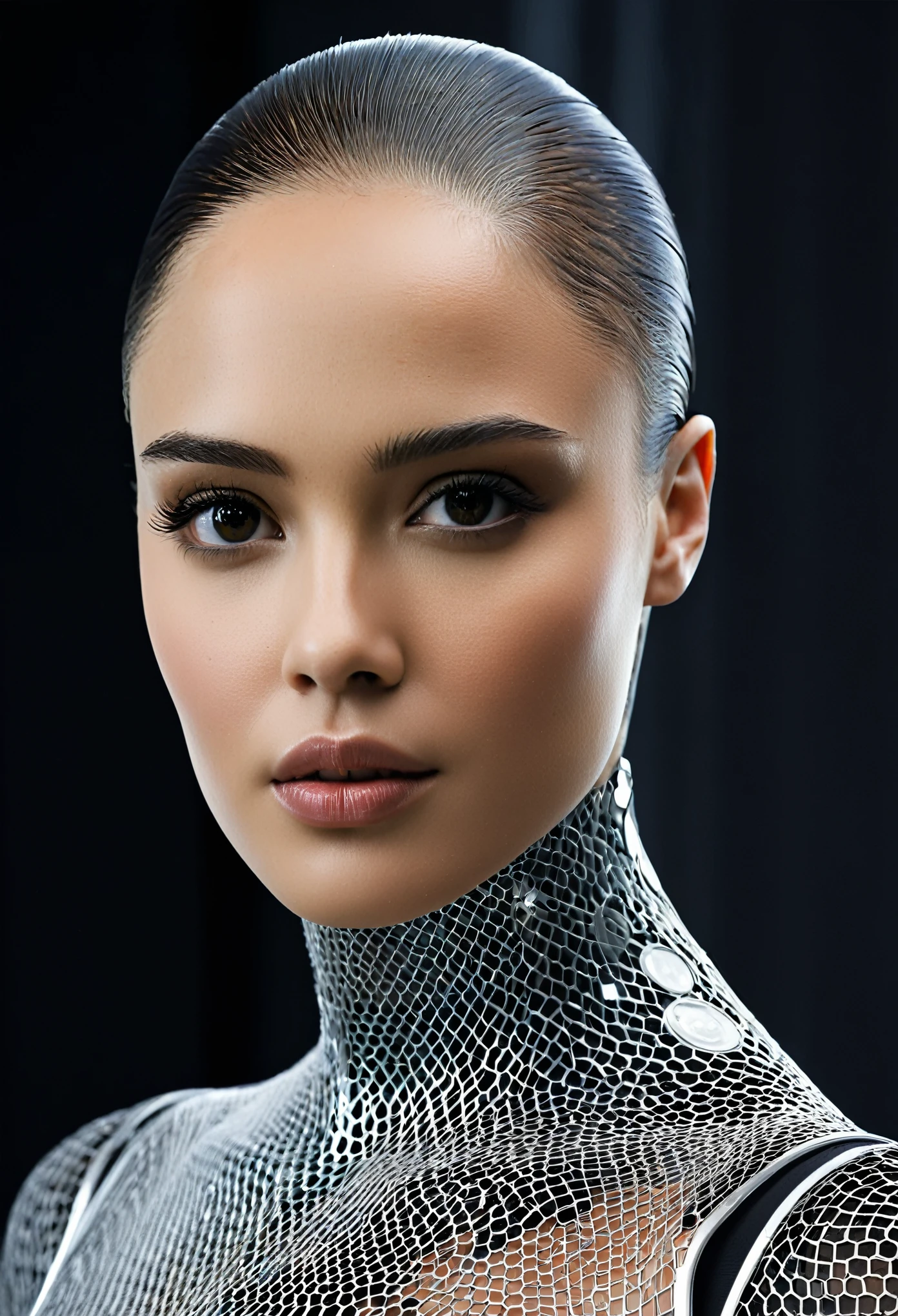 "Create an image of a futuristic humanoid AI robot with a face reminiscent of human beauty and elegance. The robot's design should feature intricate details in its skin, inspired by realism and the aesthetics of advanced technology. Emphasize the fusion of human-like qualities with futuristic elements, drawing inspiration from the visual style of the film Ex Machina.", gives a feeling of attractiveness and eroticism 