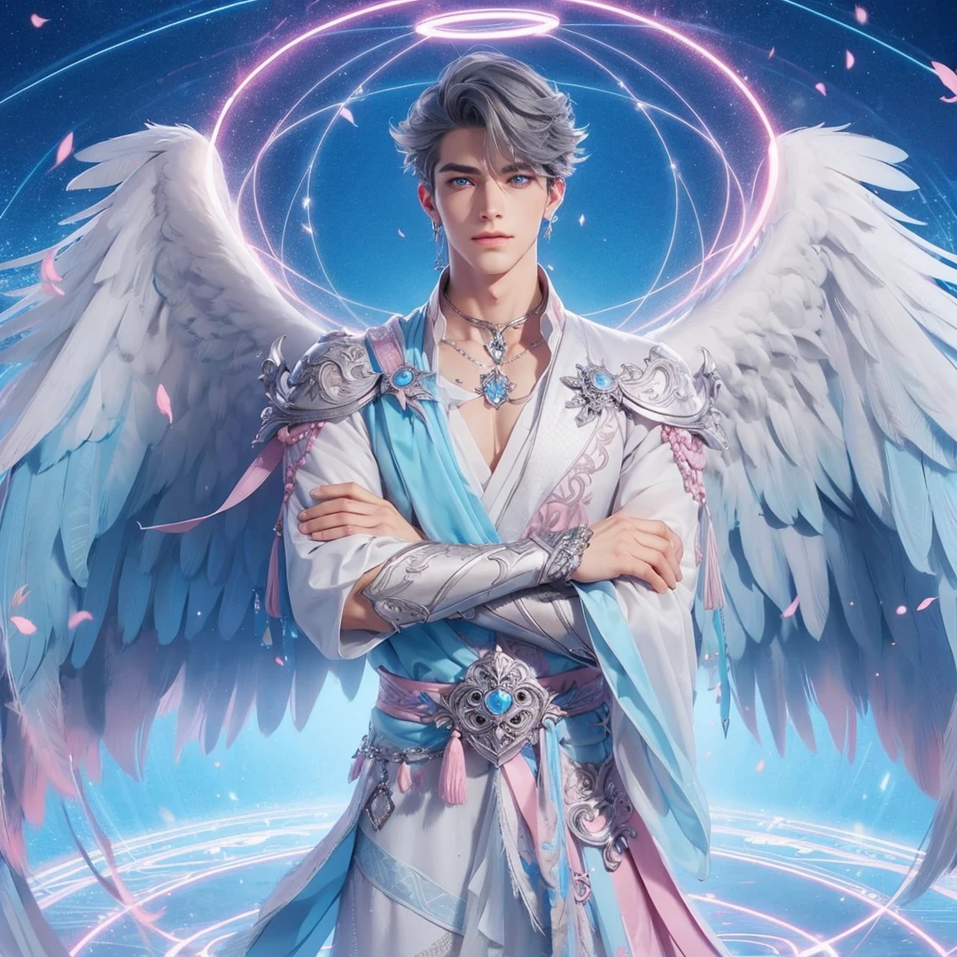 Handsome boy, gray hair, blue eyes, blue and pink wings