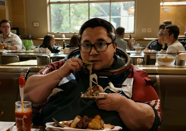 Wearing transparent red prescription glasses,(((He is very chubby and is having a meal in the cafeteria with other Astronauts))), Inside the spacecraft.