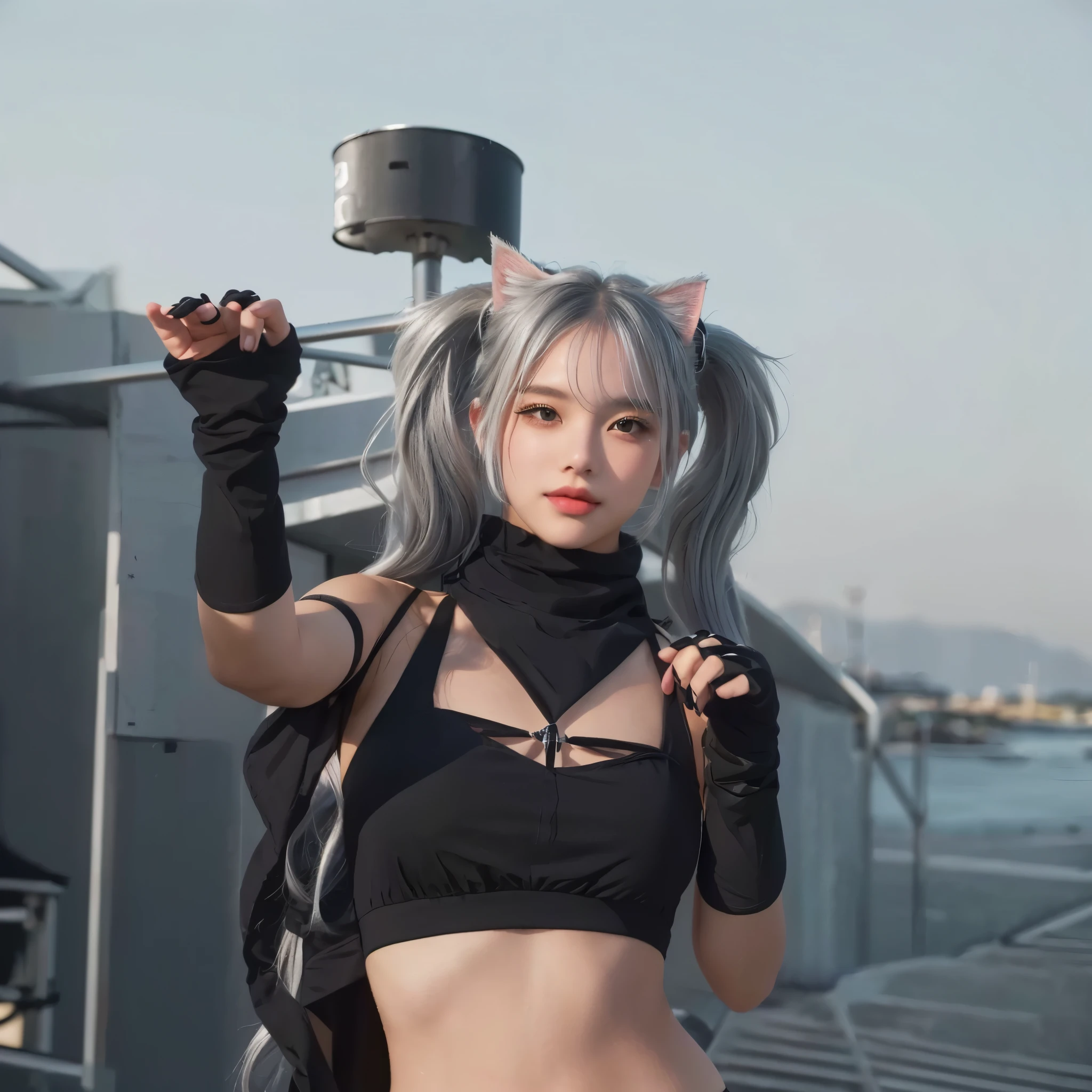 Cute girl and beauty, using black bikini dress, cat pose, silver hair in two pigtails