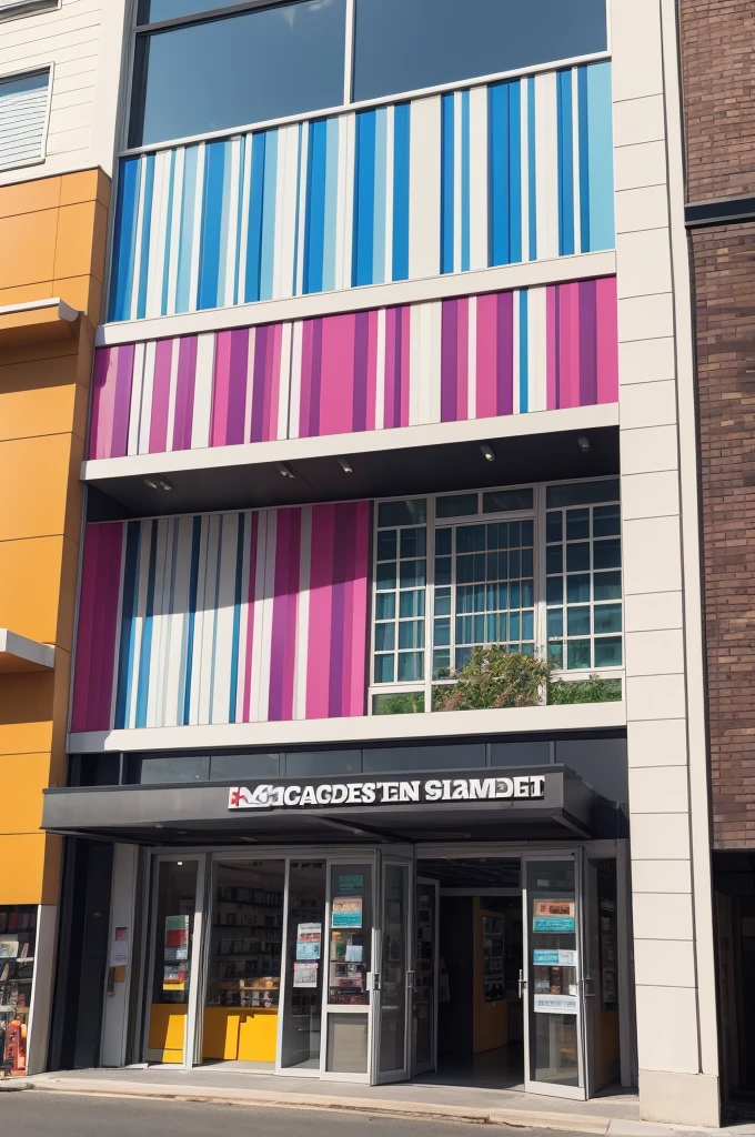 Facade of a building materials store with vibrant colors