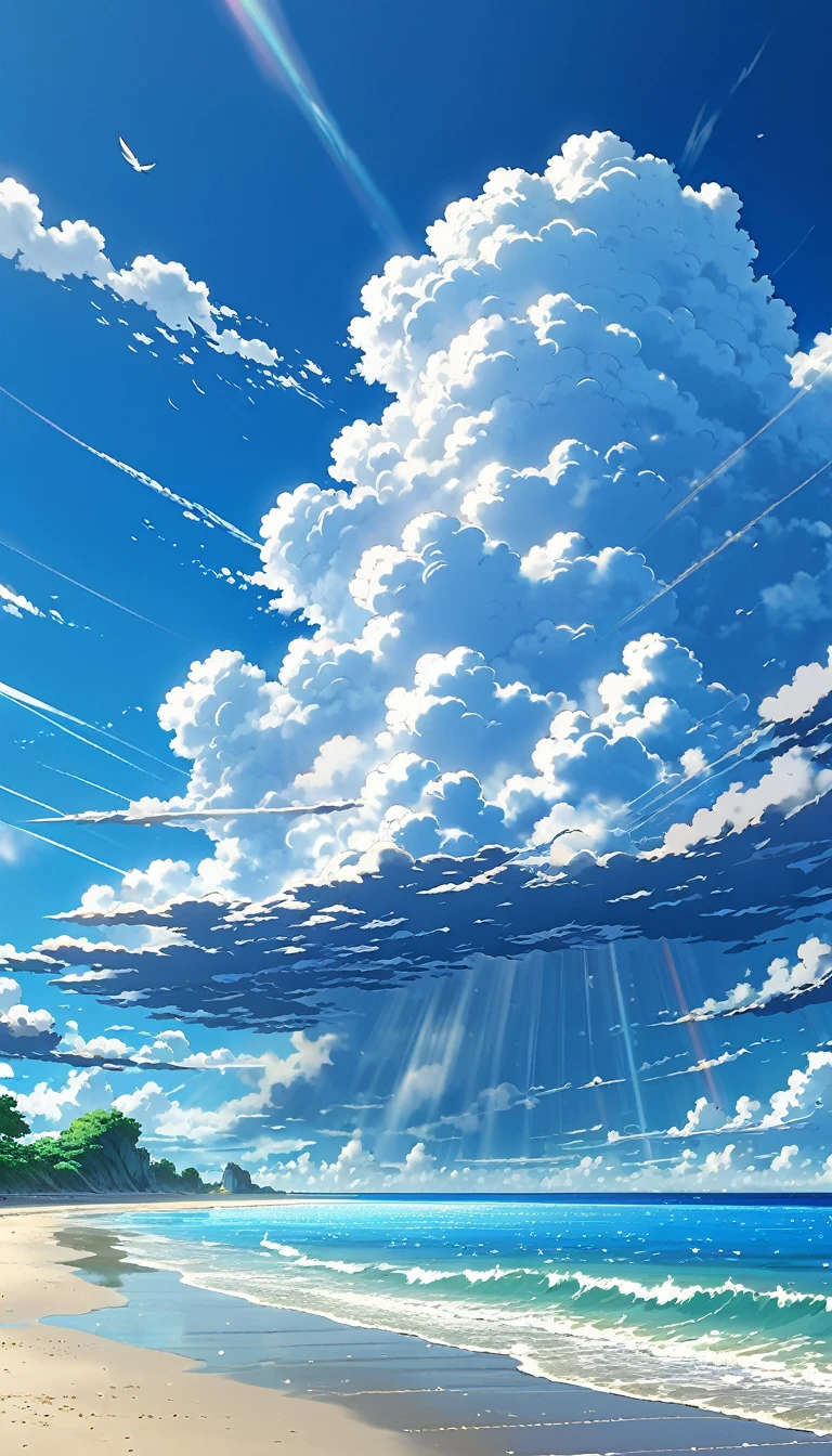 Highly detailed anime scenery, Blue sky and cumulonimbus clouds、Cumulonimbus clouds illuminated by sunlight, Beautiful horizon on the beach, From afar、Beautiful birds flying、Large fluffy cumulonimbus cloud, Calm Sky Anime Nature Wallpaper, Beautiful scene from anime, Beautiful anime peace scenes, Makoto Shinkai Cyril Rolland, Beautiful anime scene, Beautiful Landscape、Summer landscape、Impressive scenery、Awesome Wallpapers, wallpaper anime art 8k, Anime Background, Anime Art Background, Anime 4K Wallpapers, Anime Art 4K Wallpaper, Anime Art 4K Wallpaper,