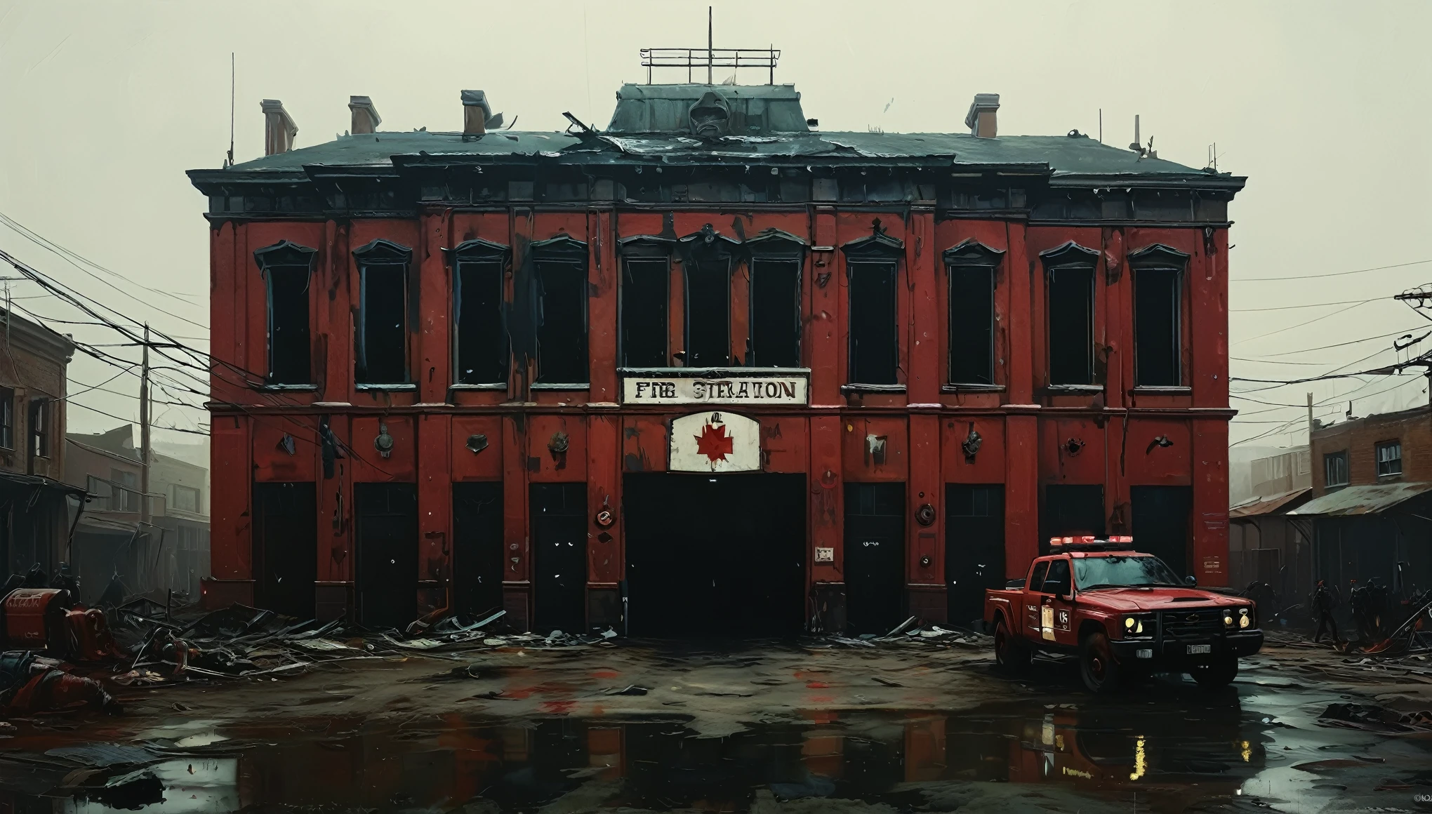 Make an abandoned fire station in an apocalyptic world, surrounded by sinister zombies trying to invade.