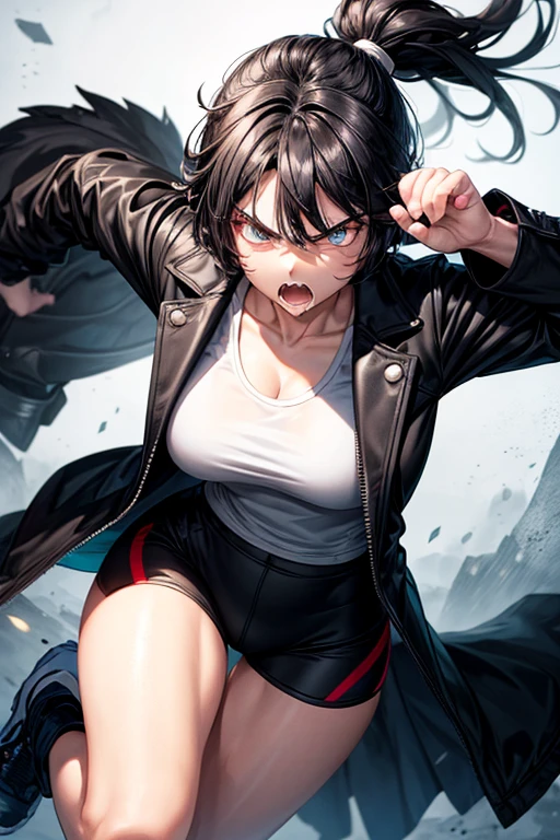 Extremely angry tomboy girl ,super attractive and strong personality black coat outfit and black white hair,athletic body 