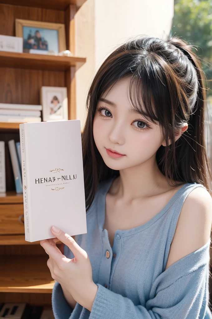 Music albums，Title: ZHENHUA part2，Cute fonts。Illustration in anime style，Girls，Don&#39;t have too much hair，Smiling，Slightly shy，Blue lightly dyed hair，The background is random