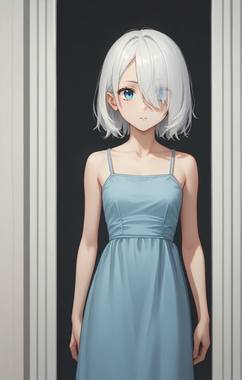 score_9, score_8_up, score_7_up, score_6_up, score_5_up, score_4_up, BREAK source_anime, one anime girl, blue eyes, white hair, medium hair, hair covers one eye, white and blue dress,