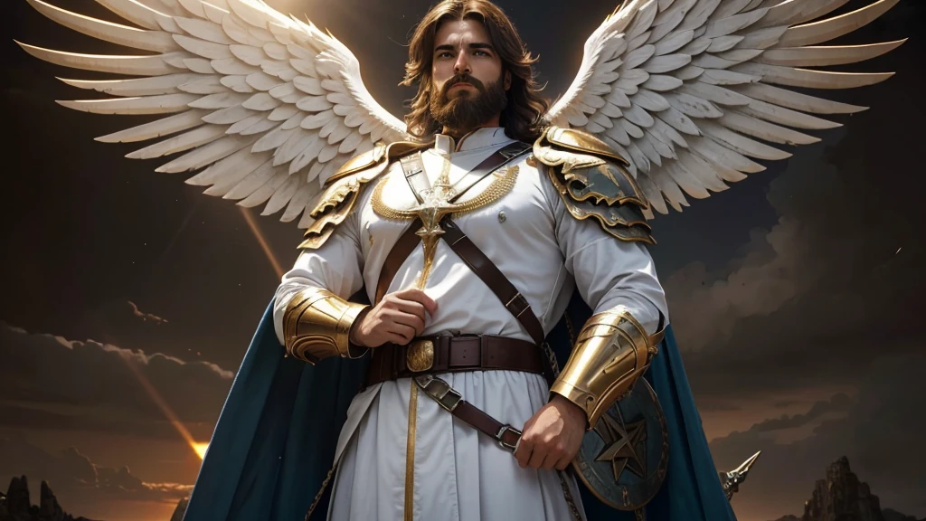 God's Angel, Anjo Masculino de GOD, God's golden Army, naughty man, Masculine Male, mighty, Jewish Hebrew Beard, Detailed Realistic God's Angel, photorrealistic, ultrahd, fotorrealism, epic, armour de Guerra, Soldier&#39;s Clothing, warrior de GOD, warrior, Macho warrior, 
battle angel, Forte Angel de GOD, Divina armour de Guerra, Dress for Battle, Spiritual war, Batalha Espiritual, Spiritual Battle Angel, epic warrior do Altíssimo, photorealistic landscape, golden sunset, sky, sky Power, Detailed realistic sunset, mountainous landscape, Rivers of water, sunset Realism, alone men, GOD man, Man&#39;s beard, GOD's Army Angel, armour Divina, golden Army, Silver Army, armour, Soldier Angel, Detalhes photorrealistics, GOD's angel masculino, GOD's Army, GOD's Hebrew, GOD's Strong Angel, GOD's Power, angel masculino, male man, Camisa padoru, elegant shirt, Closed blouse, closed shirt, long-sleeved shirt, golden, Tunica, GOD&#39;angel, barba, naughty man com barba, Large Beard, Barba Judaica, Hebrew, panorama, Alpha Male, Caminho para o sky, heavenly, 8K Detailed Realistic Image, 16K Photorealistic Contrast, 8K Photorealistic Sharpness, Photorealistic 4K cores, 16K Photorealistic Shadows, 8K Photorealistic Textures, 16K Photorealistic Texture, 4K Photorealistic Light, fotorrealism 4K, FullHD 4K Detailed Contrast, detailed sharpness FullHD 8K, detailed sharpness FullHD 4K, detailed sharpness, 2K detailed colors, lifelike colors, FullHD Detailed Shadows, 4K Detailed Textures, detailed texture, padoru, natural beautiful, posh 