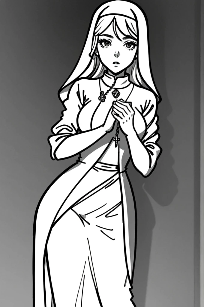a drawing of a nun with a rosary in her hands, clean anime outlines, nun outfit, perfect lineart, clean lineart, lineart behance hd, nun, simple lineart, nun fashion model, shoujo manga character design, beautiful line art, billie eilish as a nun, extremely fine ink lineart, line art!!