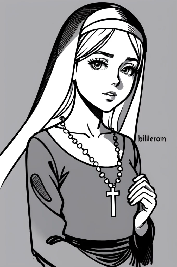 a drawing of a nun with a rosary in her hands, clean anime outlines, nun outfit, perfect lineart, clean lineart, lineart behance hd, nun, simple lineart, nun fashion model, shoujo manga character design, beautiful line art, billie eilish as a nun, extremely fine ink lineart, line art!!