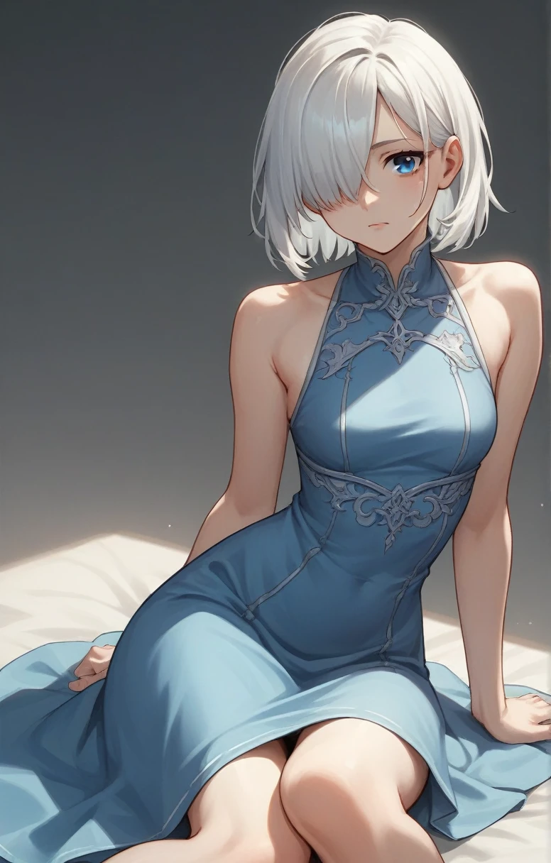 score_9, score_8_up, score_7_up, score_6_up, score_5_up, score_4_up, BREAK source_anime, one anime girl, blue eyes, white hair, medium hair, hair covers one eye, white and blue dress,