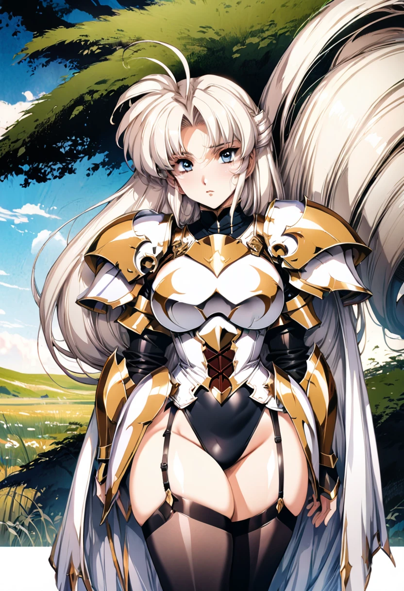 ((highest quality)), ((masterpiece)), ((hyperrealistic)), (detailed background), anime style, solo, 1girl, ((langrisser)), ((curvy: 1.2)), kawaii, ((armor dress)), white long hair, ahoge, forehead, parted bangs, (white paladin armor), ((black leotard)), ((large breasts)), ((breastplate)), (corset), (zettai ryouiki black knee socks), ((gauntlet)), (big butt), (thighs), (groin), garter straps, beautiful eyes, perfect face, Perfect hands, perfect fingers, Blue sky and grassland,