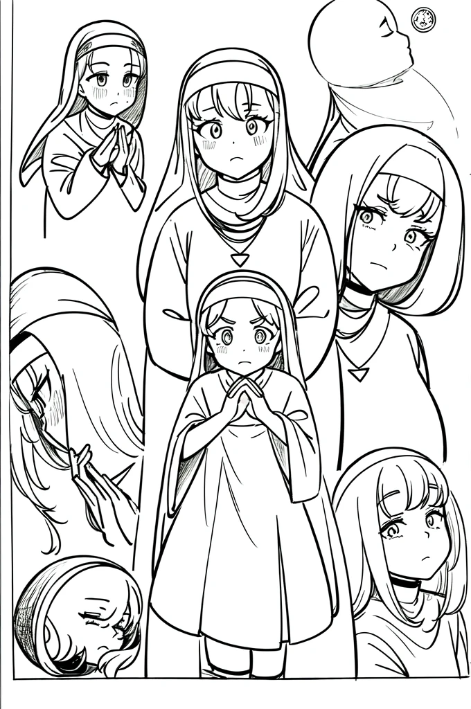 a drawing of a nun with her hands folded in prayer, clean anime outlines, perfect lineart, clean lineart, billie eilish as a nun, extremely fine ink lineart, billie eilish as a sad nun, nun outfit, simple lineart, beautiful line art, anime style drawing, thick black lineart, black and white manga style, pin on anime