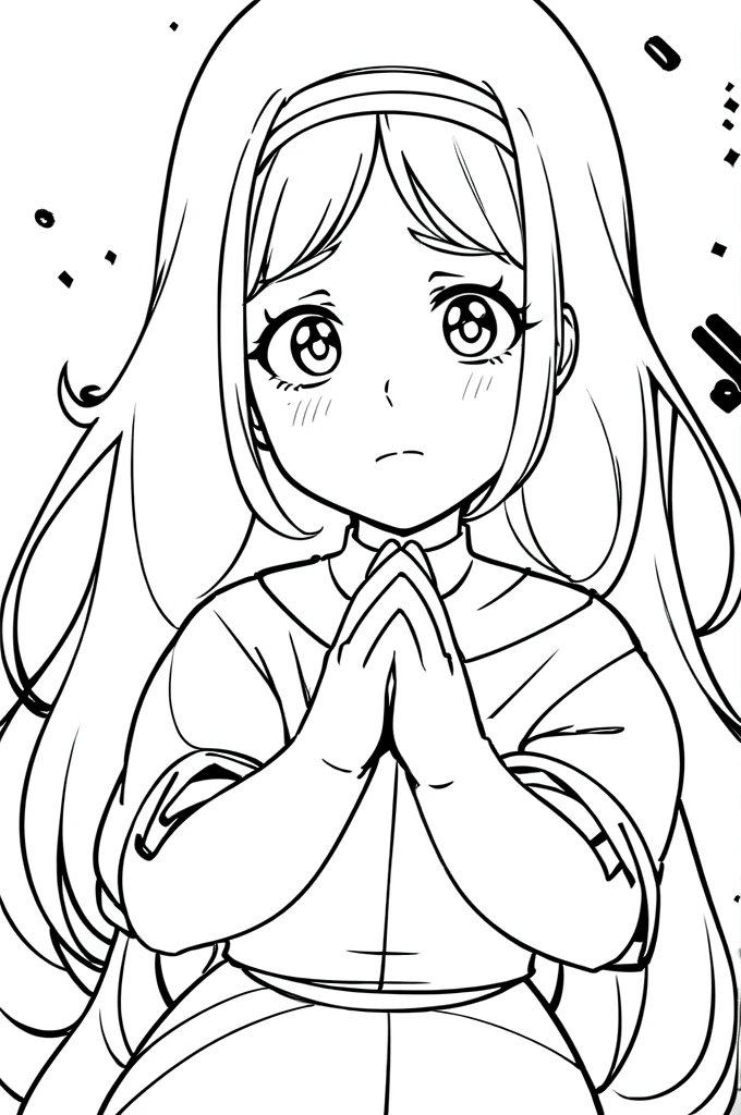 a drawing of a nun with her hands folded in prayer, clean anime outlines, perfect lineart, clean lineart, billie eilish as a nun, extremely fine ink lineart, billie eilish as a sad nun, nun outfit, simple lineart, beautiful line art, anime style drawing, thick black lineart, black and white manga style, pin on anime