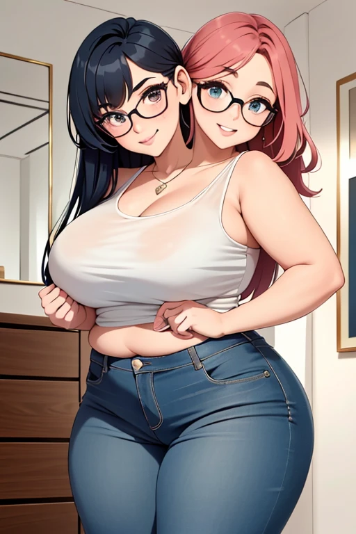 2heads, a short chubby woman with 2 heads. She has small breasts. She is inside a bedroom. She is wearing an extremely small sheer bra. She is wearing jeans. She is wearing thick glasses. She has long brown straight hair. She looks mature. She has big perky lips. She has small perky breasts. She is extremely short. She looks seductive. She looks flirty. She looks happy, smiling wide. Blushing. She has small breasts. She has a lot of freckles. She has 2 heads. Her breasts are small and perky. She is wearing eyeliner.