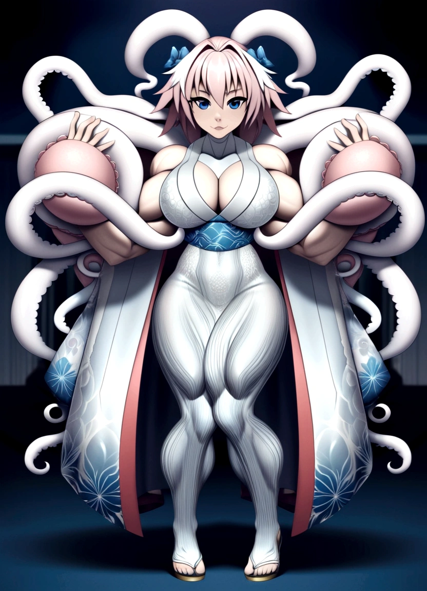 Astolfo, gigantic muscular body, long octopus strands, kimono, 4 arms, full body.