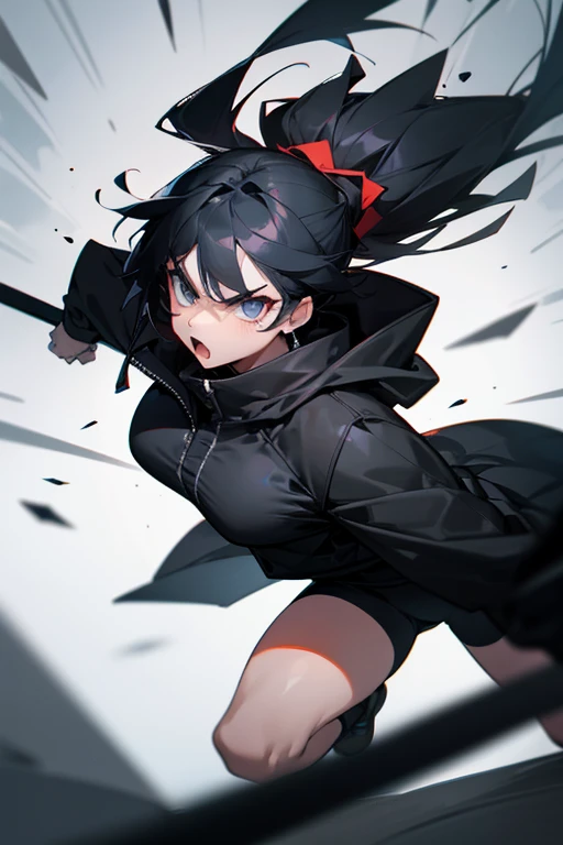 Extremely angry tomboy girl ,super attractive and strong personality black coat outfit and black white hair,athletic body