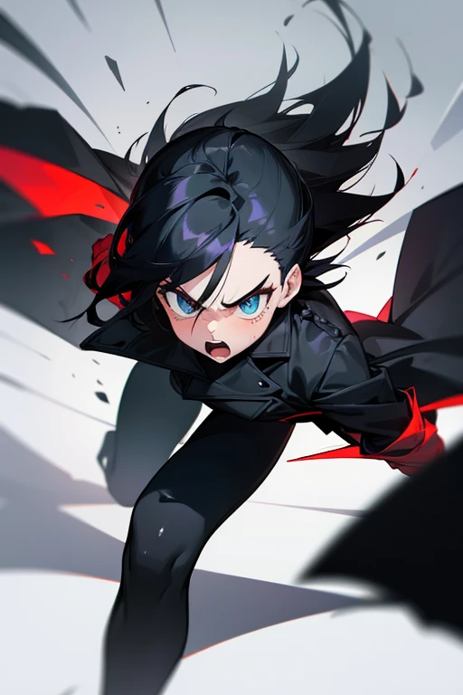 Extremely angry tomboy girl ,super attractive and strong personality black coat outfit and black white hair,athletic body