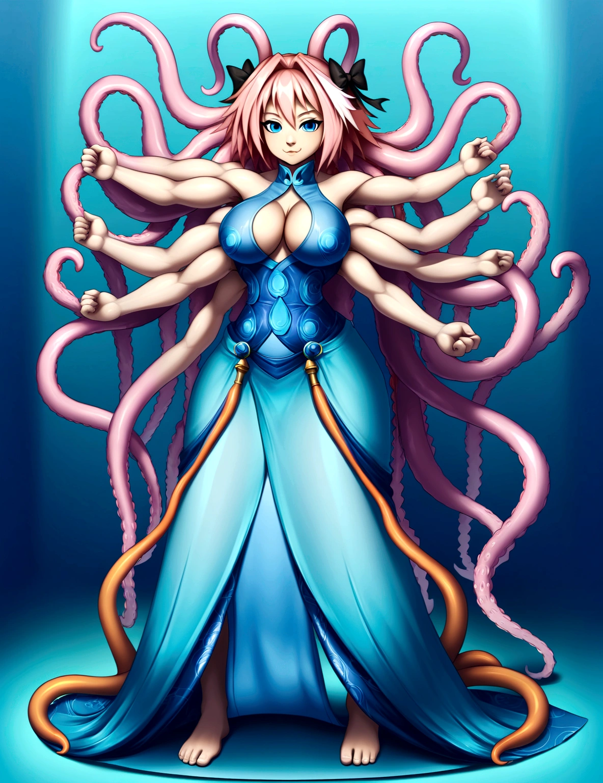 Astolfo, gigantic muscular body, long octopus strands, kimono, 4 arms, full body.