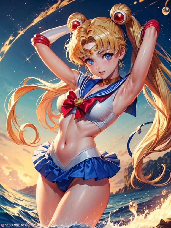 Sailor moon, ( body  shot ), stripping, wet bikini, orgasam, very seductive expression, very cute, cute, bikini, see through, clevage, wet,seductive pose, ultra high quality, ultra high definition, ultra realistic, 8k, masterpiece