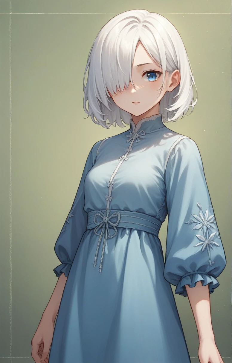 score_9, score_8_up, score_7_up, score_6_up, score_5_up, score_4_up, BREAK source_anime, one anime girl, blue eyes, white hair, medium hair, hair covers one eye, white and blue dress, standing