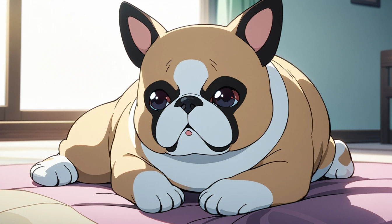 solo、Lying、indoor、No humans、window、animal、French Bulldog、animalフォーカス、Anime Style ,masterpiece,Highest quality