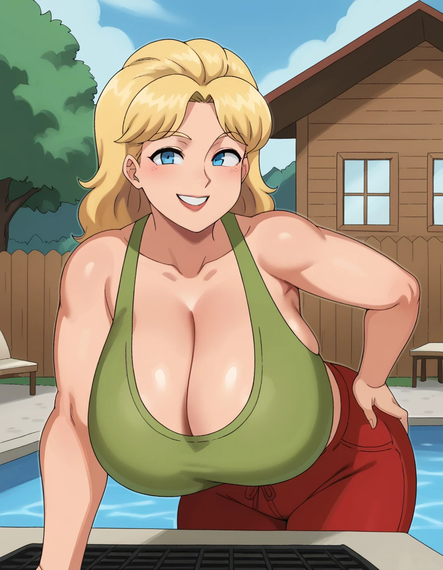 score_9, score_8_up, score_8, uncensored, 
BREAK,
happy and in love, beautiful smile, looking at viewer,   massive breasts, source_anime, Luanne, blonde hair,red shorts,hand on hip,blue eyes, Green tank top,  1girl,   upper body,backyard, wood fence, pool, grill, house,
  inviting viewer, ,S2Z0n1c21.5XL style,  breast focus,