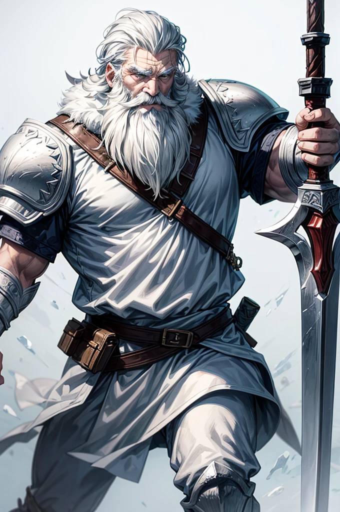 Old white bearded warrior, holding a big sword by the handle pointed down, icy armour, ice, ice sword, white fur on armour.