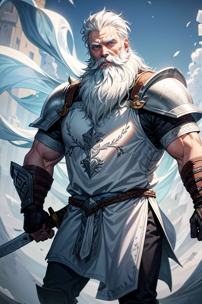 Old white bearded warrior, holding a big sword by the handle pointed down, icy armour, ice, ice sword, white fur on armour.