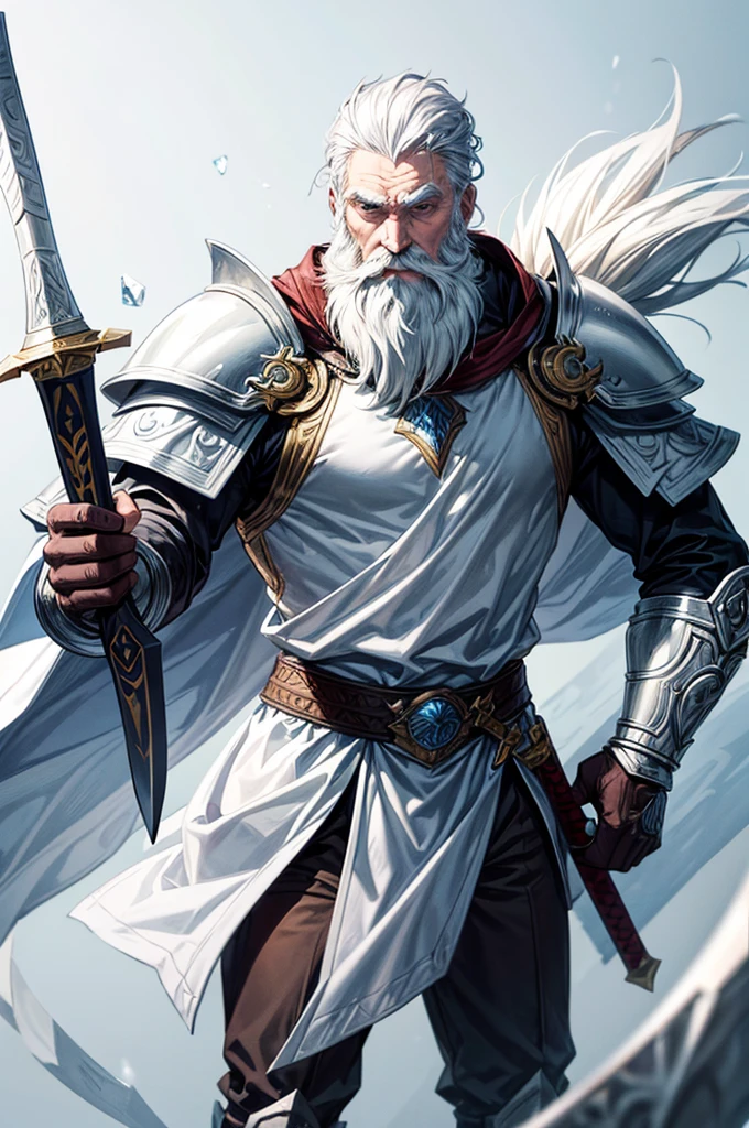 Old white bearded warrior, holding a big sword by the handle pointed down, icy armour, ice, ice sword, white fur on armour. 