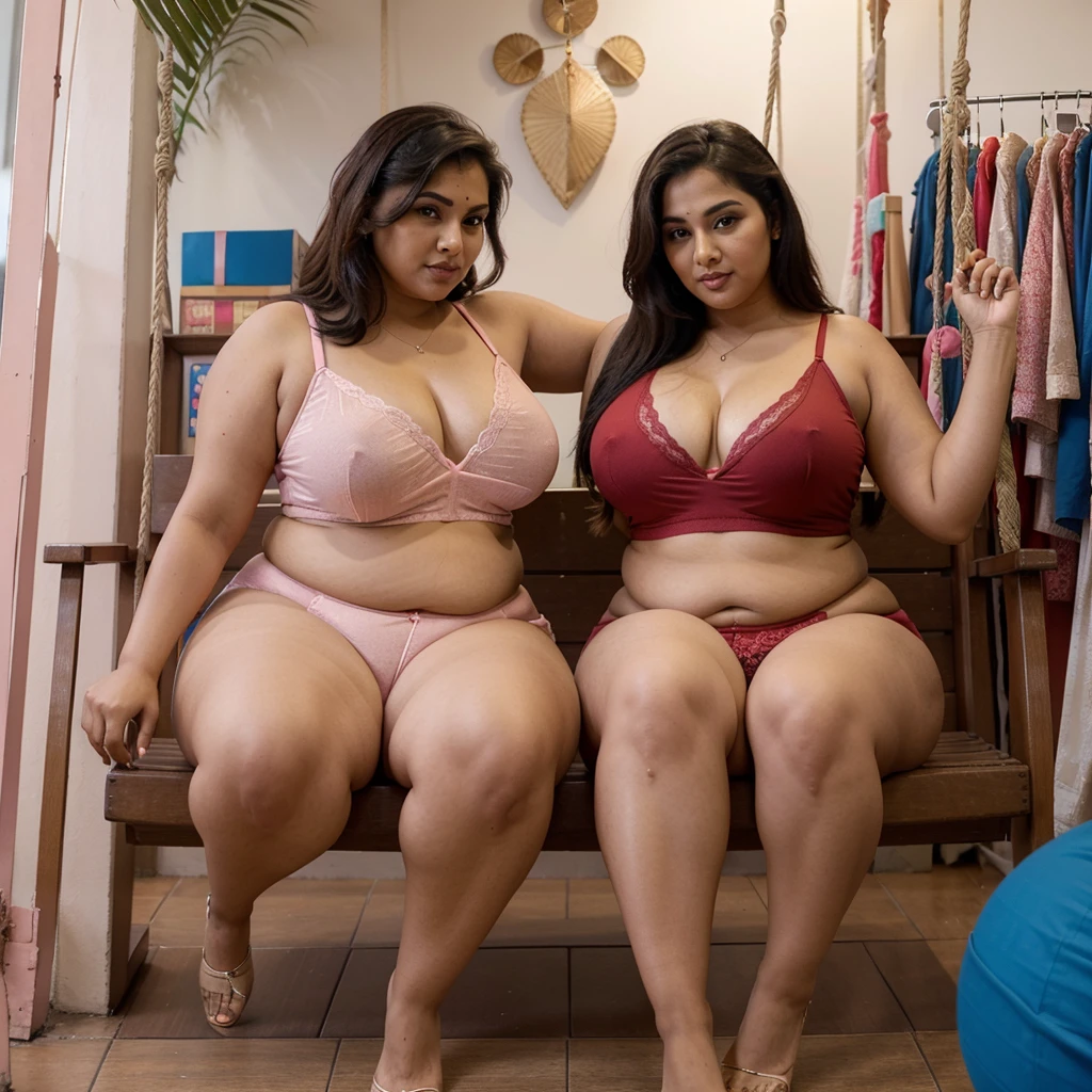 Sexy Indian aunty actress sitting on swing,in a ladies undergarments shop, fatty thighs, fatty body chubby body type big fat body, bbw women, wearing red panty,blue mini skirt ,pink top,bbw,,big size body, spreding legs,