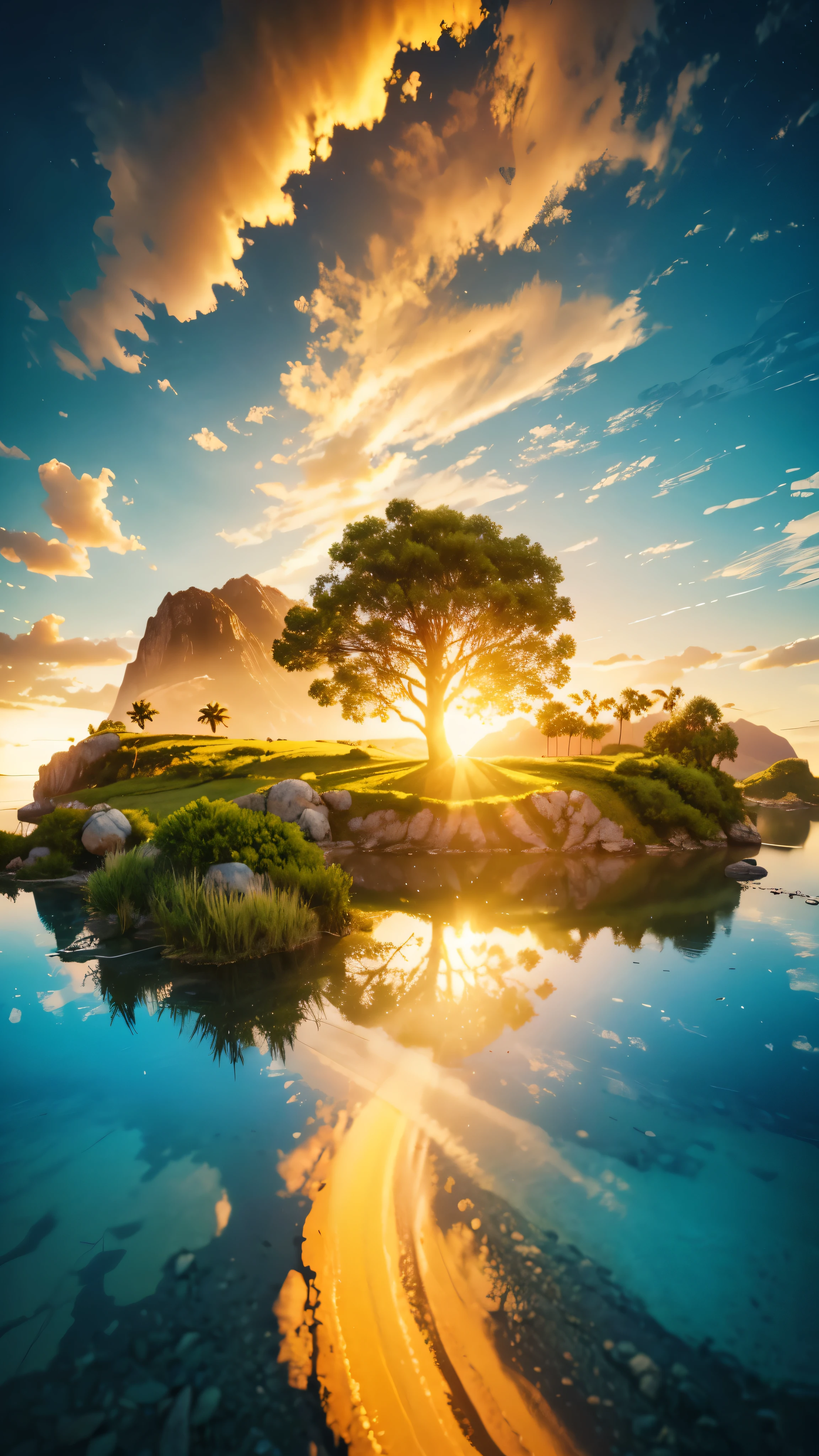 photorealistic landscape, natural landscape, naturey, Beleza Da naturey, Golden Sunset, Sky, Sky Power, Detailed Realistic Sunset, palmtrees, mountainscape, rivers of water, Sunset realism, Árvores naturey, Alone Men, man on his back, Man's Back, panorama, Alpha Male, Path to Heaven, heavenly, Detailed Realistic Image 8K, 16K Photorealistic Contrast, 8K Photorealistic Sharpness, 4K Photorealistic Cores, 16K Photorealistic Shadows, 8K Photorealistic Textures, 16K Photorealistic Texture, 4K Photorealistic Light, 4K PhotoRealism, FullHD 4K Detailed Contrast, detailed sharpness FullHD 8K, detailed sharpness FullHD 4K, detailed sharpness, 2K Detailed Colors, lifelike colors, FullHD Detailed Shadows, 4K Detailed Textures, detailed texture, padoru, Natural Beauty, chic