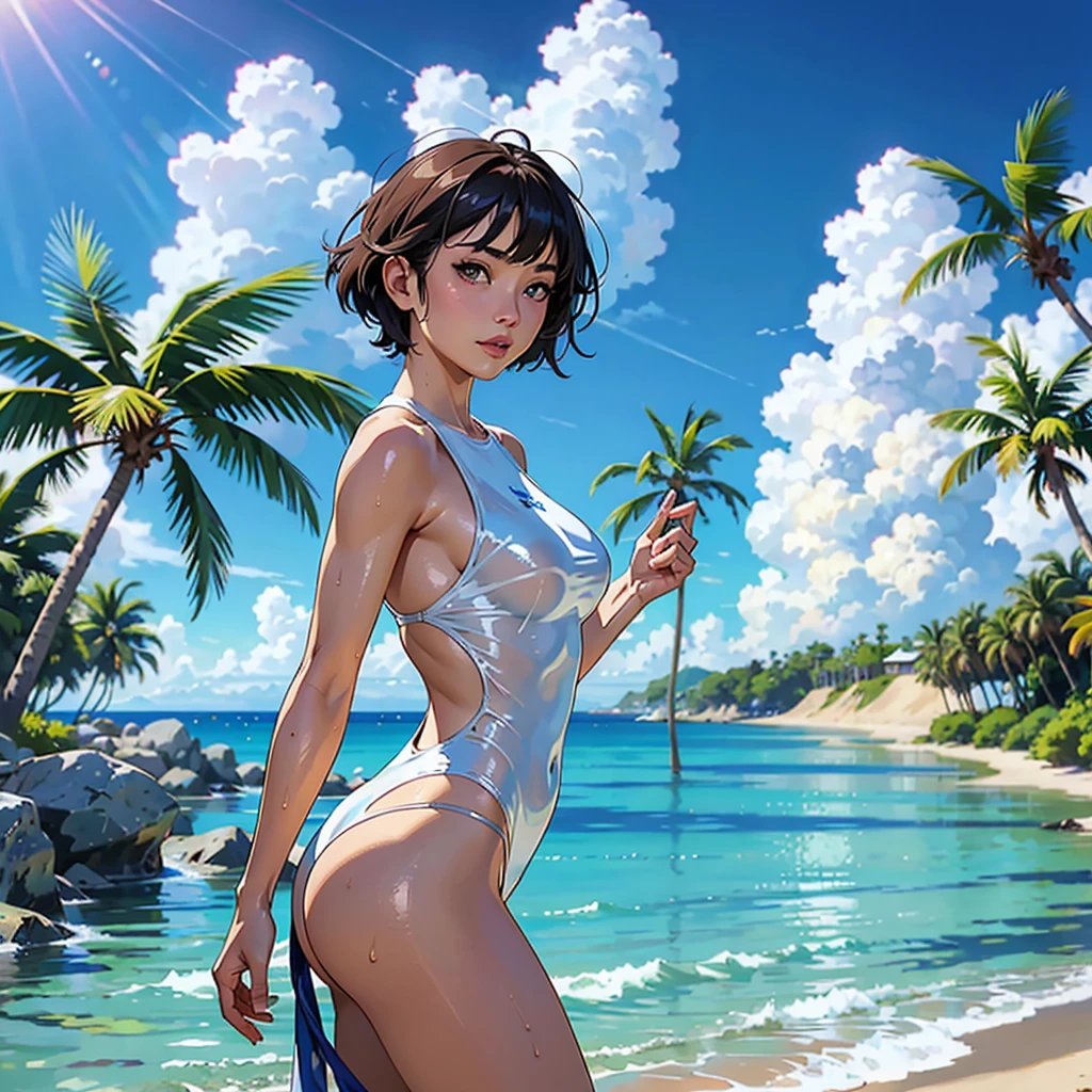 ((highest quality, masterpiece, High resolution)), ((reality)),Photos of beautiful Japanese women,((anime art))、 (((1 girl))), normal size breasts, slim body shape,  medium short hair, double eyelid, Wet see-through one-piece swimsuit,,  A pareo with bold ethnic patterns and plenty of primary colors、realistic skin、Wet,whole body,cinematic light、tropical、Against the background of palm trees on both sides、on a sunny beach、With the sea in the background、blur background、Clean abs,