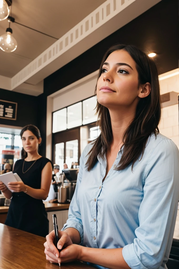Emily's pen pauses mid-scribble as she looks up and notices James ordering his coffee. Describe the mix of emotions and thoughts that rush through her mind in that moment.