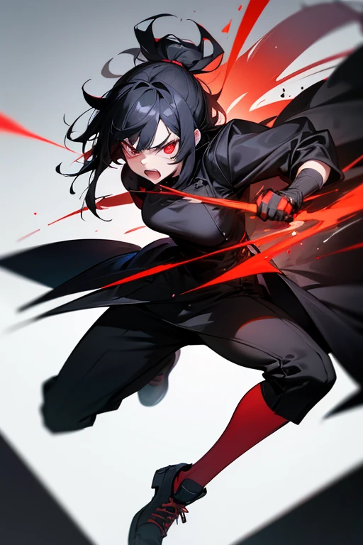 Extremely angry tomboy girl ,super attractive and strong personality black coat outfit and black white hair,red eye athletic body