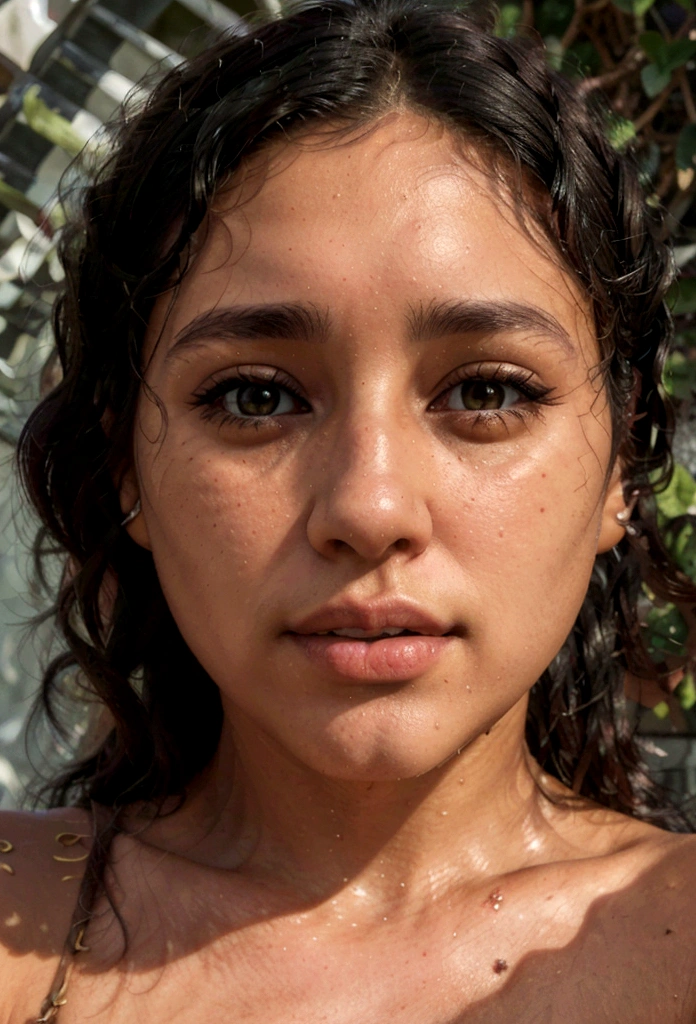hermosa mujer morena tomando selfie realista, black dark hair, maximun detail, soft pore skin, super detailed skin texture, natural daylight, high contrast light, ultralealistic, hyperrealistic, photorealistic, 18k, high resolution, extreame details, extreame texture details, still raw,