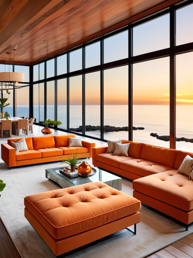 Generate an elegant oceanfront living room with orange decoration and large glass windows offering panoramic ocean views. The space should feature a plush sectional orange sofa, a sleek indoor pool, and sophisticated wooden flooring. Incorporate modern, high-end furniture with warm, ambient lighting to create a cozy and luxurious atmosphere. Add natural decor elements like potted plants and wooden accents to blend the indoor space with the outdoor scenery. The design orange decoration color and should exude elegance, comfort, and a seamless connection with the ocean view.
