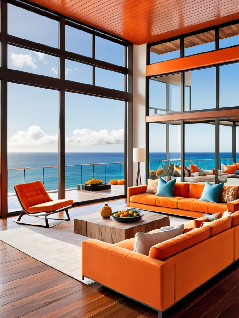 Generate an elegant oceanfront living room with orange decoration and large glass windows offering panoramic ocean views. The space should feature a plush sectional orange sofa, a sleek indoor pool, and sophisticated wooden flooring. Incorporate modern, high-end furniture with warm, ambient lighting to create a cozy and luxurious atmosphere. Add natural decor elements like potted plants and wooden accents to blend the indoor space with the outdoor scenery. The design orange decoration color and should exude elegance, comfort, and a seamless connection with the ocean view.
