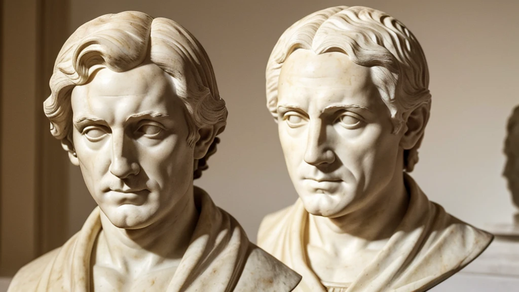 Create a photorealistic depiction of a marble bust of the famous explorer Christopher Columbus. The scene should include the following elements: Bust Features: The marble bust should feature a lifelike representation of Christopher Columbus, capturing his distinctive facial features with precision. Include his high forehead, determined expression, and historically accurate hairstyle. Historical Accuracy: Ensure historical accuracy in the depiction, reflecting 15th-century European attire. Include details like a high collar or a period-appropriate tunic or cloak. Marble Texture: The bust should be crafted from high-quality marble, with realistic textures and veining. The surface should show the smoothness and subtle imperfections typical of carved marble.Lighting and Shadows: Use realistic lighting to highlight the contours and details of the marble bust. Shadows should fall naturally, accentuating the three-dimensional quality of the sculpture. Ensure the craftsmanship reflects the skill and artistry of a master sculptor.