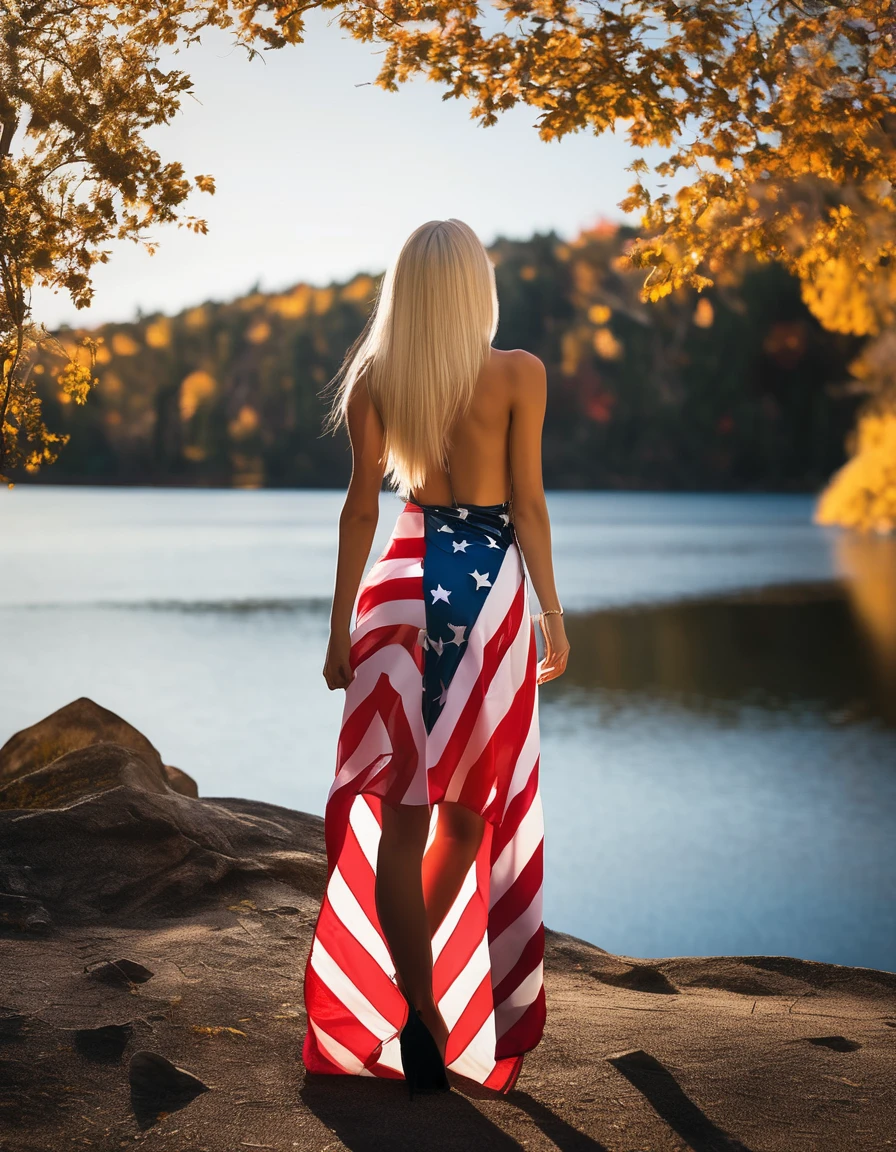 (best quality,4k,highres, highres face details), blonde long straight hair, 18 years old, instagram model, 36DD fake breast, fake lashes, fake lips, dark makeup, perfect skin, tan skin, she is skinny, she is caucasian, she is wearing sexy cloaths to the colors of the united state flag, high heels, slim gold chain, in the nature, by a lake, huge fake breast 36DD, posing, sexy, sensual vibes, view from behind, view from the back