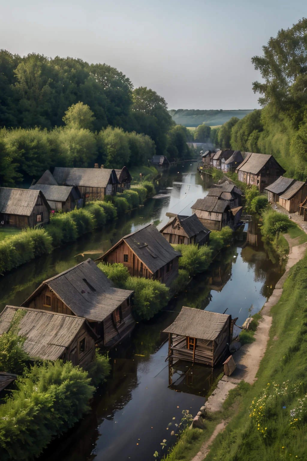 (masterpiece), (best quality), medieval village, (village) bathed by a river on its left, (village) surrounded by forest, wooden made houses, forest.